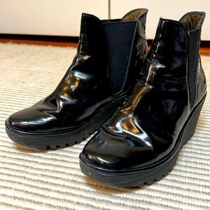 Fly London Shiny Patent Leather Ankle Booties, Black, 38